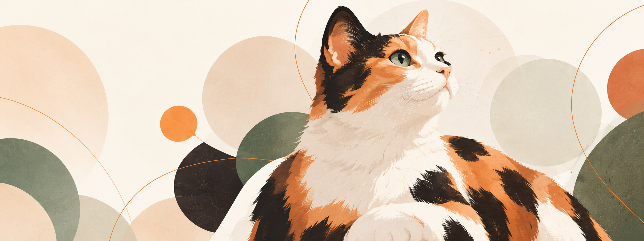 A curious calico cat among warm peach and sage shapes